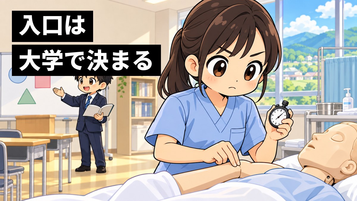 大学の実習室で、スクラブ姿の看護学生と、スーツ姿の教育学部の学生が、真剣なまなざしで実習に打ち込んでいる挿絵。文字「入口は大学で決まる」