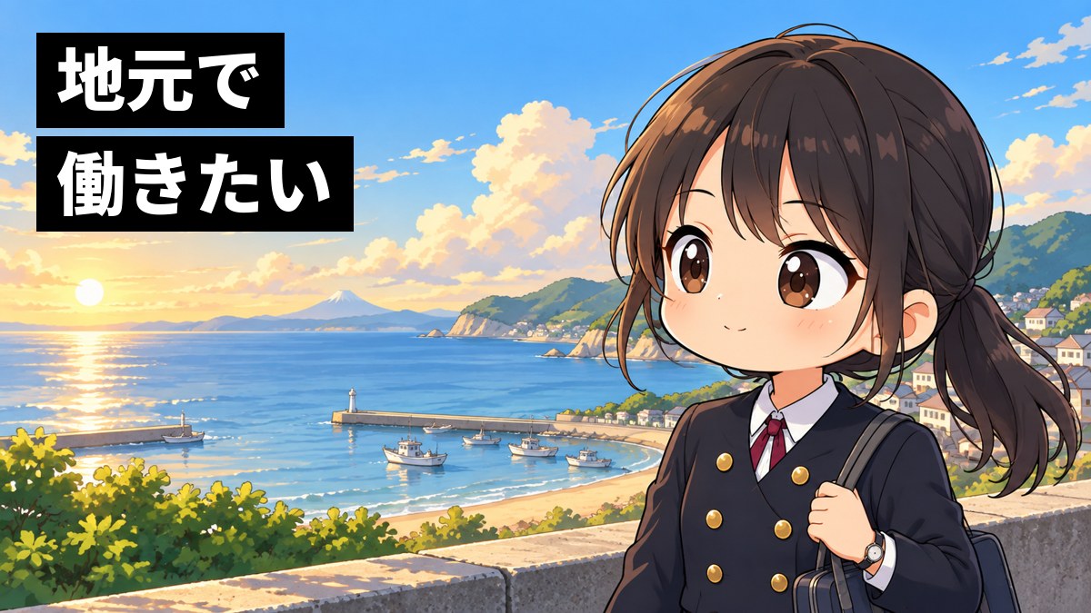 館山の北条海岸で、安房高校の制服の女子高校生が海風に髪をなびかせ、穏やかに海を眺めている挿絵。文字「地元で働きたい」