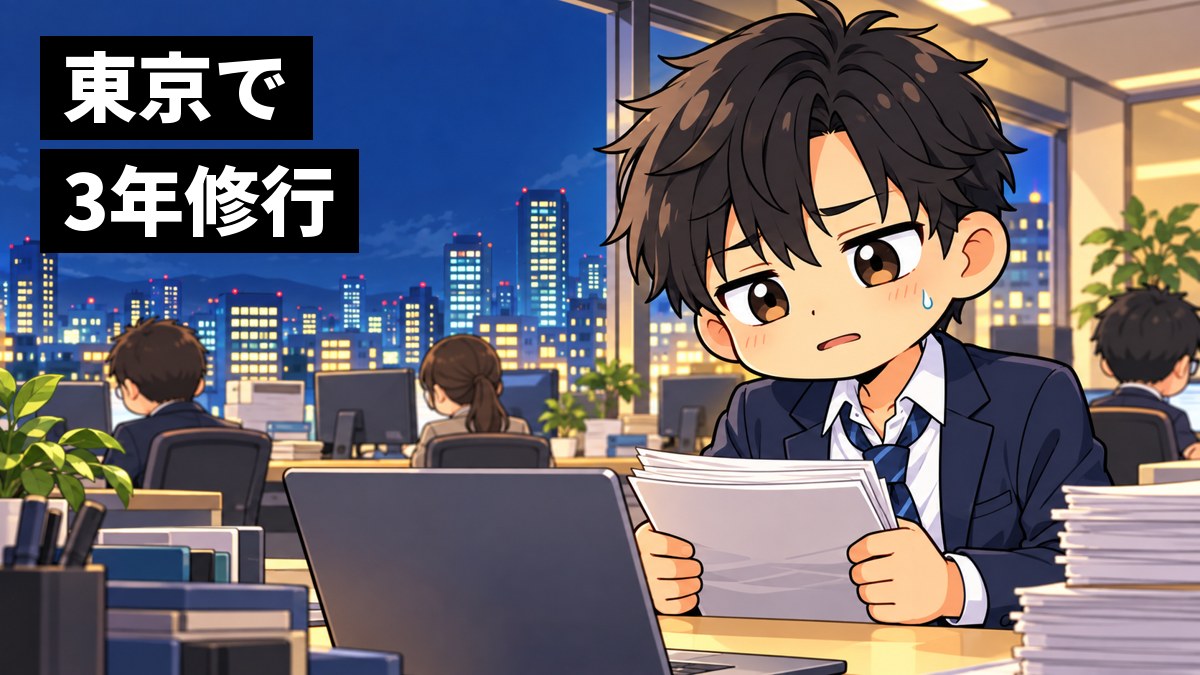 夜の東京のオフィスで、スーツ姿の若い社会人がくたくたになりながらも資料を握りしめ、窓の外にビルの夜景が広がる挿絵。文字「東京で3年修行」