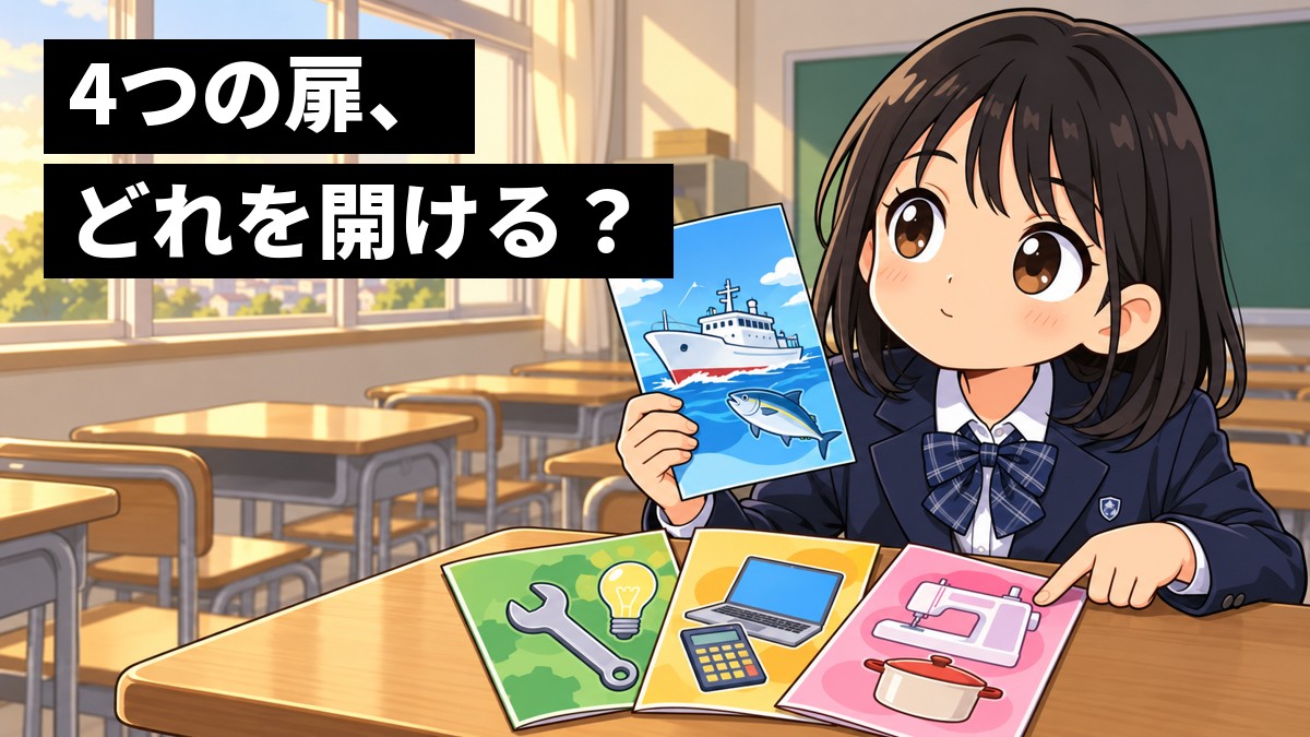 放課後の中学校の教室で、中学3年生の女子が工具・電卓・魚・ミシンの絵の4枚のパンフレットを机に広げ、目を輝かせて見比べている。「4つの扉、どれを開ける?」の文字