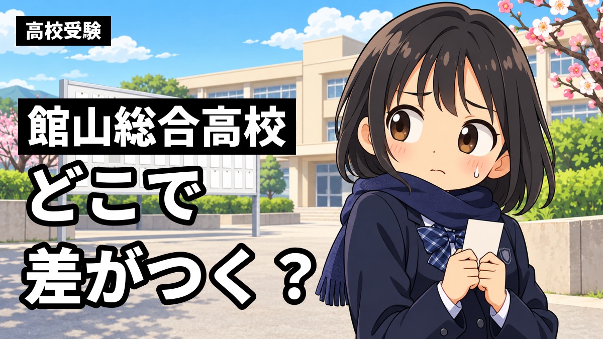校舎の前で、中学3年生の女子が受検票を胸に握りしめ、少し不安そうに振り返っている。「館山総合高校」「どこで差がつく?」の文字