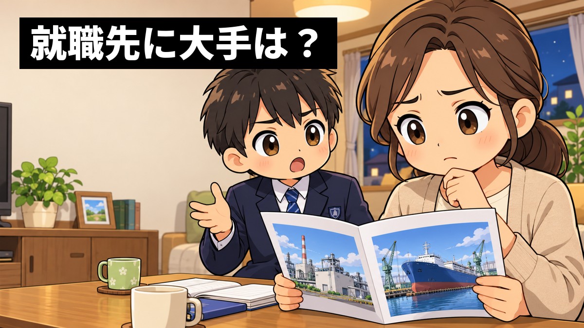 夜のリビングのテーブルで、母親が高校の学校案内を手に心配そうに眉を寄せ、隣で中学3年生の息子がまじめな顔で説明している。「就職先に大手は?」の文字