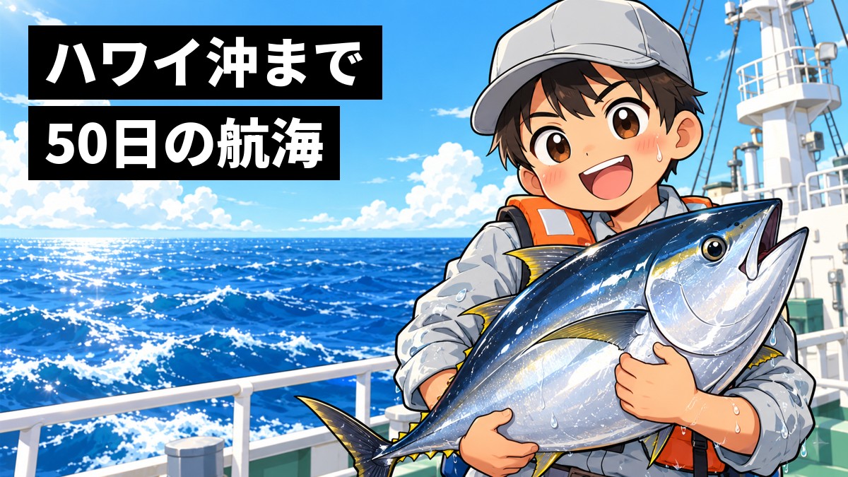 青い海の上の実習船の甲板で、作業服とライフジャケット姿の海洋科の高校生が大きなマグロを抱え、やり切った笑顔を見せている。「ハワイ沖まで50日の航海」の文字