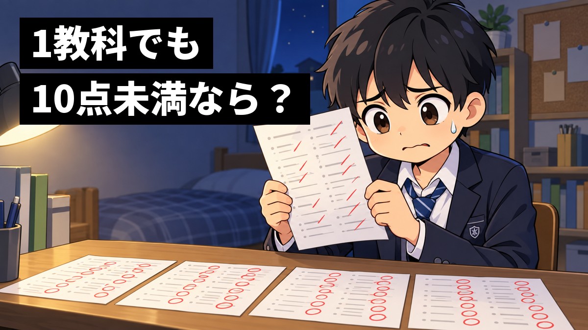 夜の自分の部屋で、中学3年生の男子が返ってきた実力テストの答案を並べ、1枚だけ赤い印の少ない答案を見て青ざめている。「1教科でも10点未満なら?」の文字