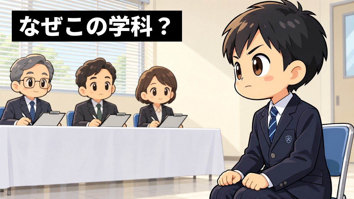 高校の面接室で、中学3年生の男子がいすに座り、長机の向こうの3人の面接官を前に、こぶしを握ってまっすぐ前を見ている。「なぜこの学科?」の文字
