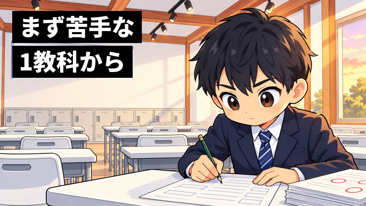塾の教室で、中学3年生の男子がプリントの基本問題に没頭し、真剣な顔で鉛筆を走らせている。「まず苦手な1教科から」の文字