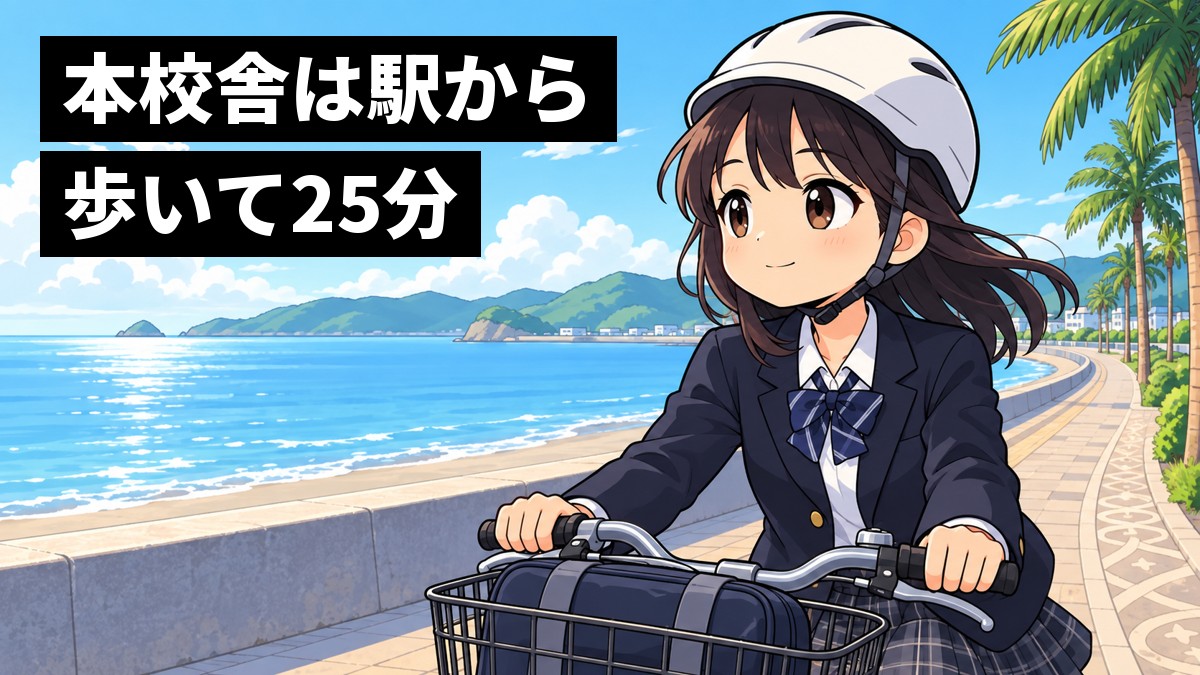 朝の館山の海沿いの道を、ブレザーの制服にヘルメットをかぶった高校生の女子が自転車で走り、風を受けて気持ちよさそうに目を細めている。「本校舎は駅から歩いて25分」の文字