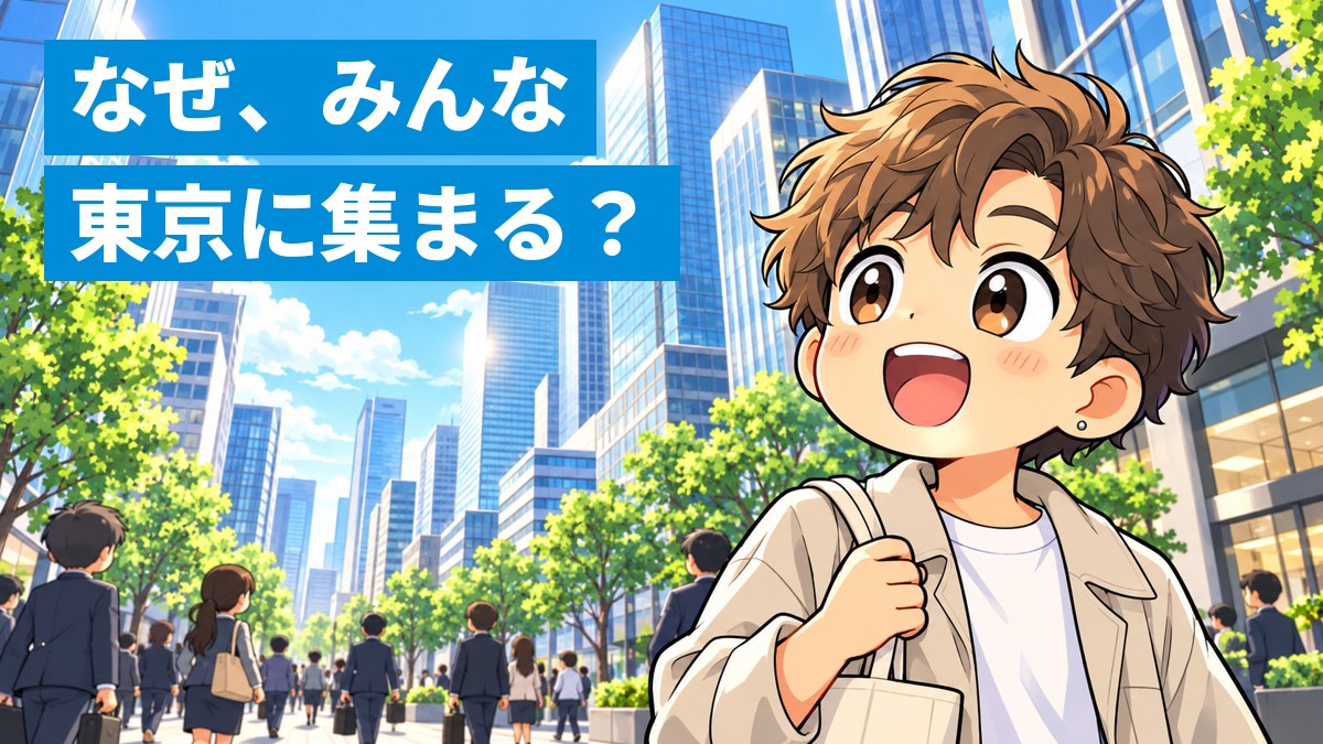 晴れた昼の東京のオフィス街で、高層ビルを見上げて口をあんぐり開けて驚く、明るい茶髪パーマの大学生。まわりには急ぎ足の会社員たち。「なぜ、みんな東京に集まる?」の文字。