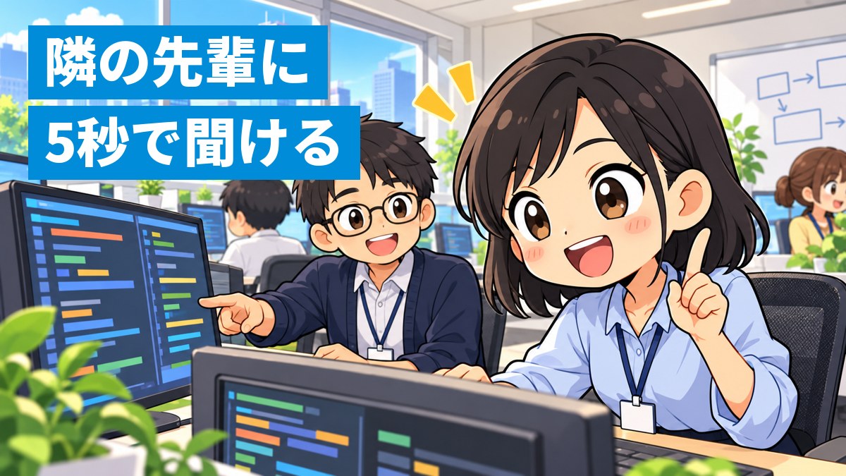 明るいIT企業のオフィスで、隣の席の先輩にパソコンの画面を見せてもらい、「わかった!」とひらめいて顔を輝かせる新人の女性社員。「隣の先輩に5秒で聞ける」の文字。
