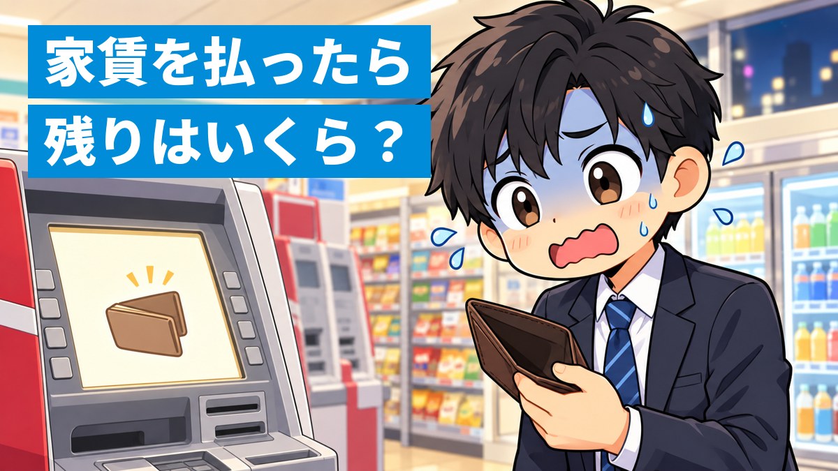 コンビニのATMの前で、残高の画面を見て汗をかき、青ざめて焦るスーツ姿の若い社会人。「家賃を払ったら残りはいくら?」の文字。
