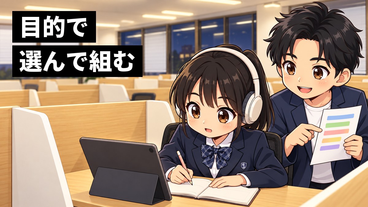 東進館山校の個別ブースで、館山中の制服の中学2年の女子がタブレットで先の学年の数学の講義を見ながら、目を輝かせてノートに書き込んでいる。横で塾長が単元の一覧表を指している。「目的で」「選んで組む」の文字。