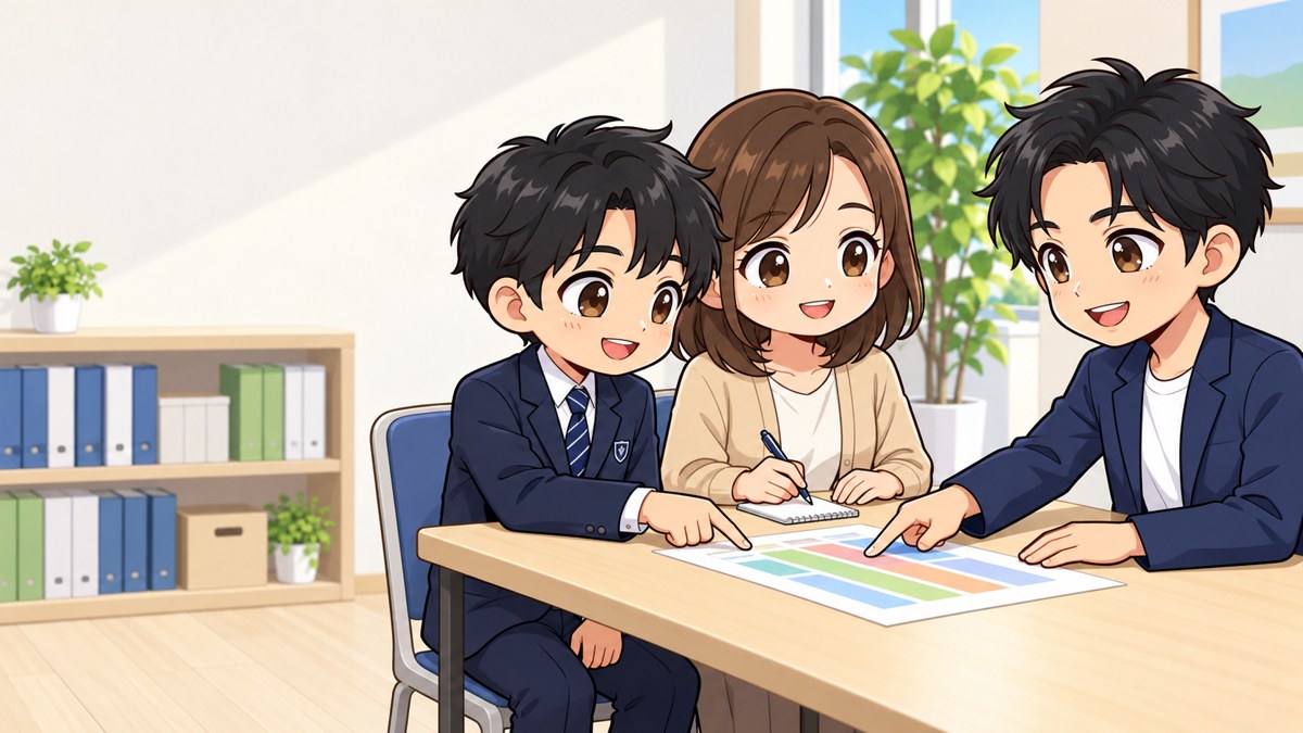 塾の相談テーブルで、館山中の制服の中学1年の男子と母親が、単元の一覧表を見ながら塾長と取る単元を相談している。男子はほっとした顔でうなずいている。
