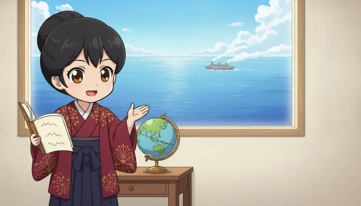 津田梅子が、地球儀と海を背に、英語の本を開いて語りかけている