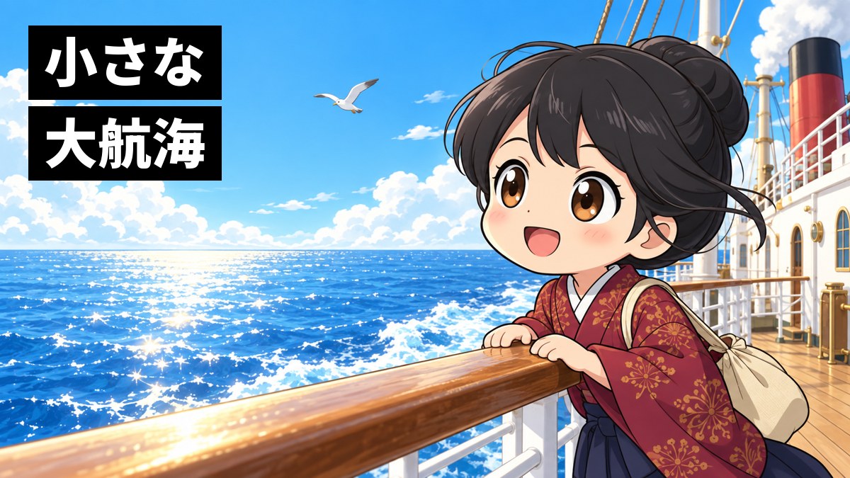 大きな船のデッキで、小さな女の子の津田梅子が手すりにつかまり、海のかなたを目を輝かせて見つめている。「小さな 大航海」の文字。