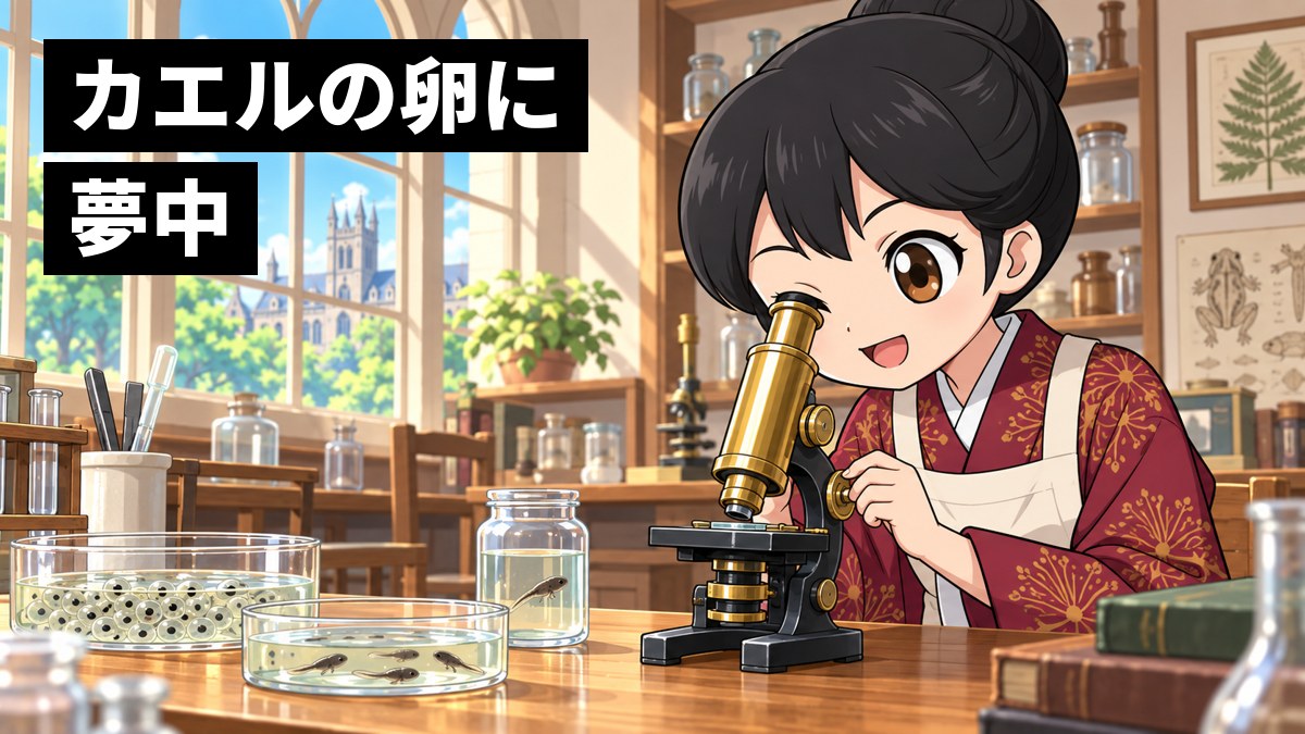 大学の研究室で、津田梅子が顕微鏡をのぞき込み、目を輝かせている。机にはカエルの卵の入ったガラス皿が並ぶ。「カエルの卵に 夢中」の文字。