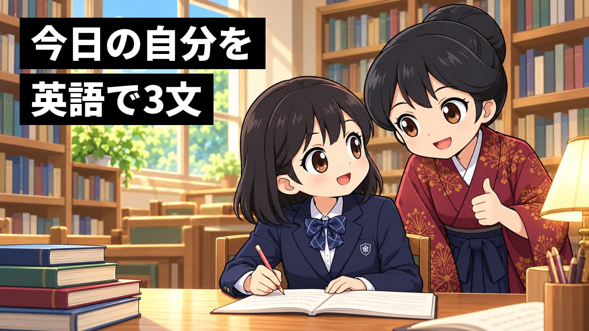 学校の図書室で、女子中学生がノートに英語を書いていて、その横で津田梅子がにこにこ励ましている。「今日の自分を 英語で3文」の文字。