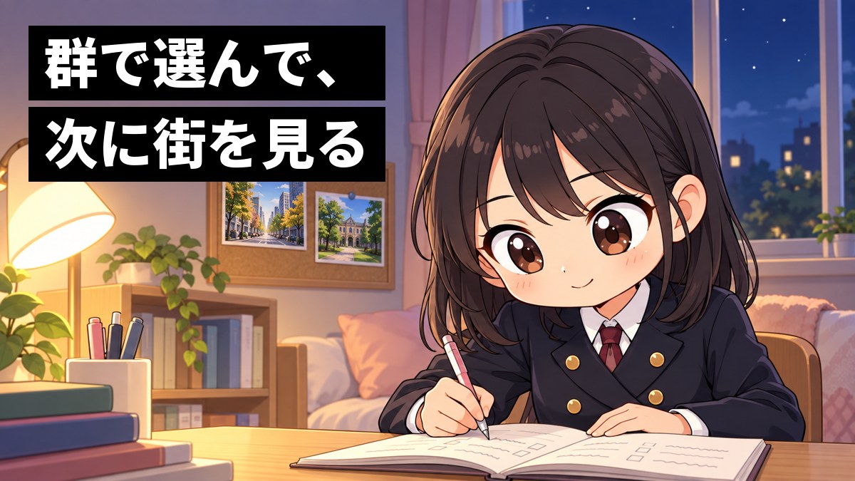 夜の自分の部屋の机で、制服姿の安房高校の女子が、2つのキャンパスの写真を横に置いてノートに書き出すのに没頭し、目を輝かせている挿絵。文字「群で選んで、次に街を見る」