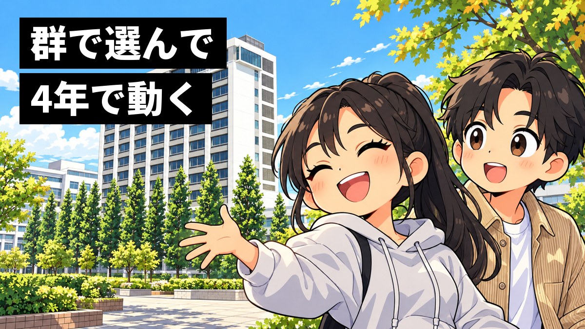 白い高層の1号館と並木の前で、留学から戻った黒髪のポニーテールの女子大学生が、身ぶりを交えて友だちの男子に話し、得意げに笑っている挿絵。文字「群で選んで4年で動く」