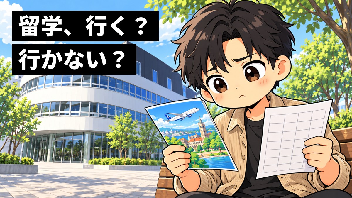 武蔵野キャンパスの、白い曲面のガラスの建物の前のベンチで、男子大学生が留学のパンフレットとアルバイトのシフト表を見比べ、眉を寄せて迷っている挿絵。文字「留学、行く?行かない?」