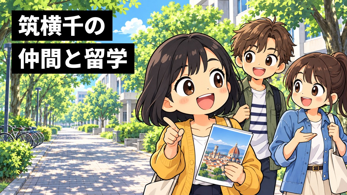 大学の並木道で、黒髪の女子大学生と友だち2人が留学のパンフレットを手に、目を輝かせて楽しそうに話しながら歩いている挿絵。文字「筑横千の仲間と留学」