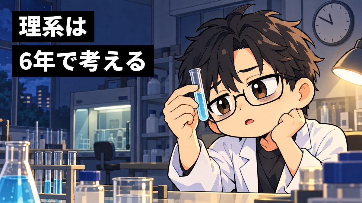 夜の大学の研究室で、白衣の男子学生が疲れて肩を落としながらも、真剣な目で試験管を見つめている挿絵。文字「理系は6年で考える」