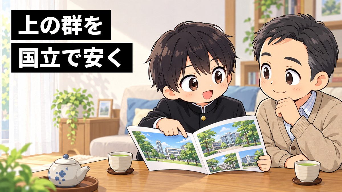 休日の明るいリビングで、学ラン姿の安房高校の男子が大学のパンフレットを広げて父親に見せ、身を乗り出して目を輝かせている挿絵。文字「上の群を国立で安く」