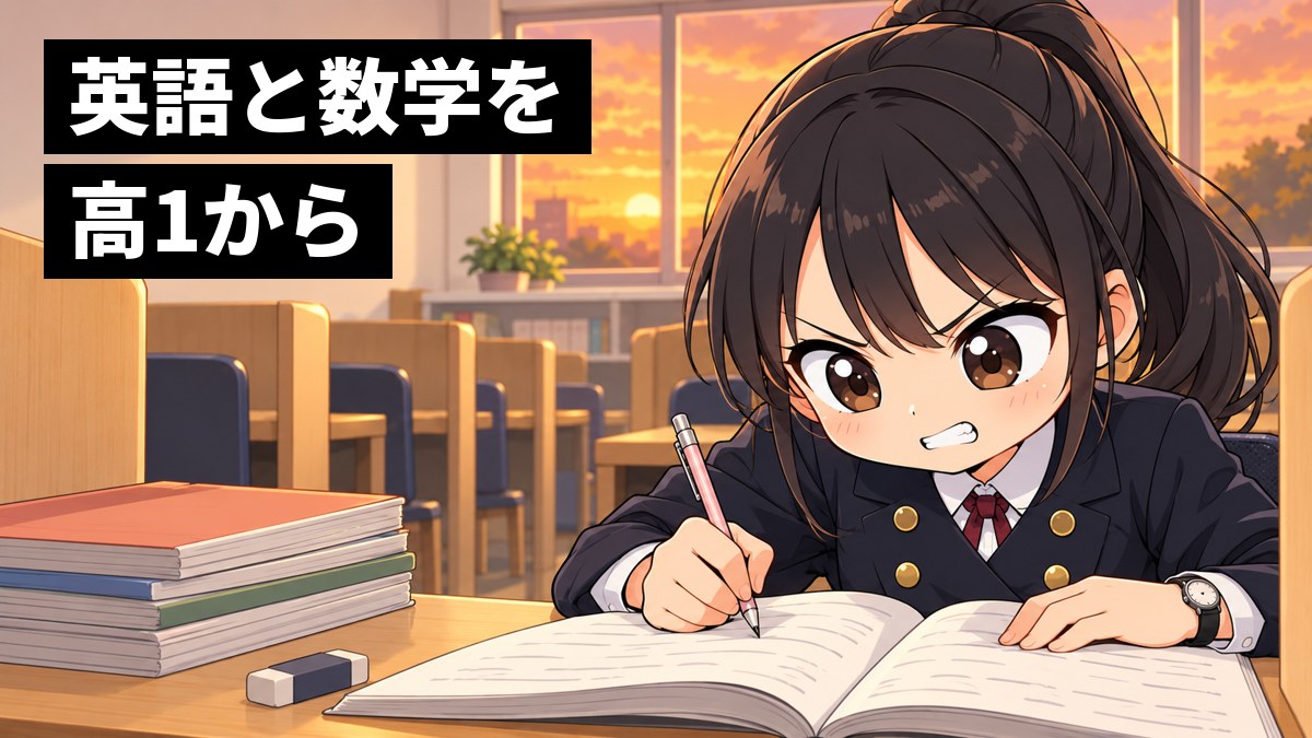 自習室の机で、安房高校の制服の女子が問題集を広げてペンを握りしめ、歯を食いしばって数学の問題をにらんでいる挿絵。文字「英語と数学を高1から」