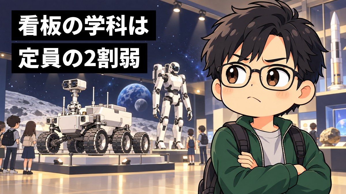 大学の展示ホールで、大きな探査ロボットの展示を背に、黒髪の男子大学生が腕を組み、眉を寄せて納得いかない顔で考え込んでいる挿絵。文字「看板の学科は定員の2割弱」