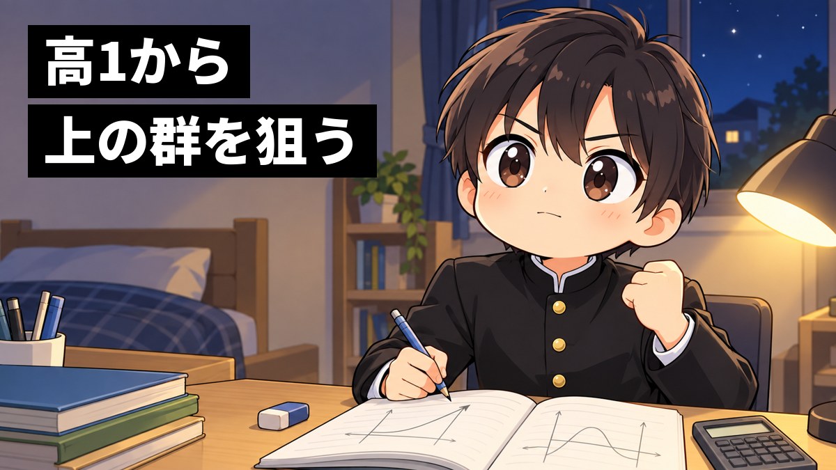 夜の自分の部屋の机で、学ラン姿の安房高校の男子が数学と物理の問題集を広げ、解けた瞬間に顔を上げて口を結び、拳を握っている挿絵。文字「高1から上の群を狙う」