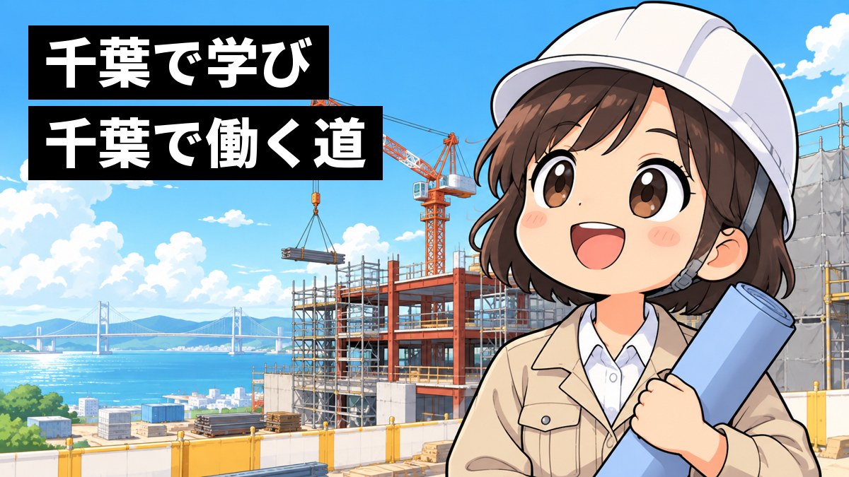 海の見える街の建設現場の見学で、白いヘルメットをかぶった女子大学生が丸めた図面を抱え、目を輝かせてワクワクしている挿絵。文字「千葉で学び千葉で働く道」