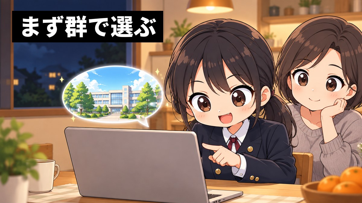 夜のダイニングで、安房高校の制服の女子が母親と並んでノートパソコンをのぞきこみ、目を輝かせて画面を指さしている挿絵。吹き出しに大学のキャンパス。文字「まず群で選ぶ」
