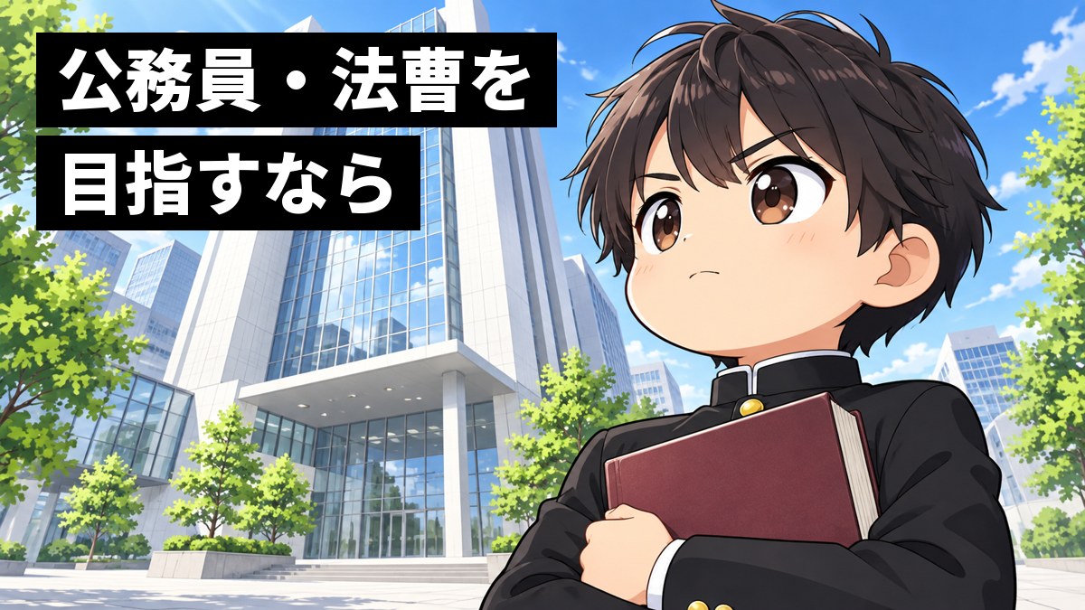 都心の大学の高い校舎の前で、学ラン姿の安房高校の男子が分厚い本を抱え、口を結んだ決意の表情で空を見上げている挿絵。文字「公務員・法曹を目指すなら」