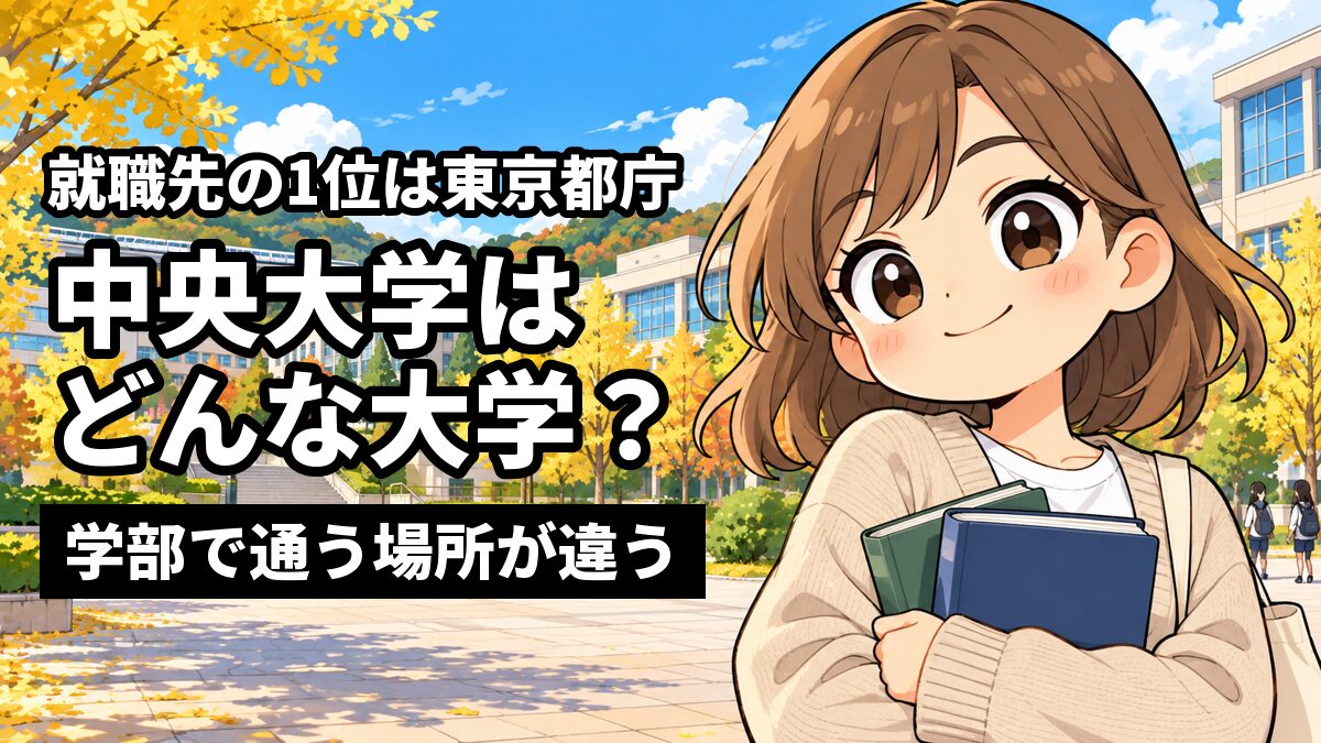 緑の多い大学のキャンパスで、茶髪の女子大学生が分厚い本を胸に抱え、得意げに笑っている。「就職先の1位は東京都庁」「中央大学はどんな大学?」「学部で通う場所が違う」の文字。
