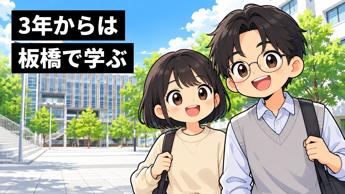 ガラス張りの校舎と若い木の並ぶ都内のキャンパスの広場を、丸めがねの男子大学生と黒髪のボブの女子大学生が並んで歩き、前向きな笑顔で話している挿絵。文字「3年からは板橋で学ぶ」