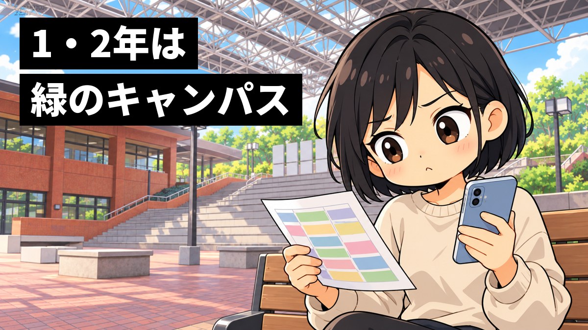 大屋根の下のれんが色の広場のベンチで、黒髪のボブにベージュのトレーナーの女子大学生が、スマホと時間割の紙を見比べ、眉を寄せて口をとがらせて考え込んでいる挿絵。文字「1・2年は緑のキャンパス」