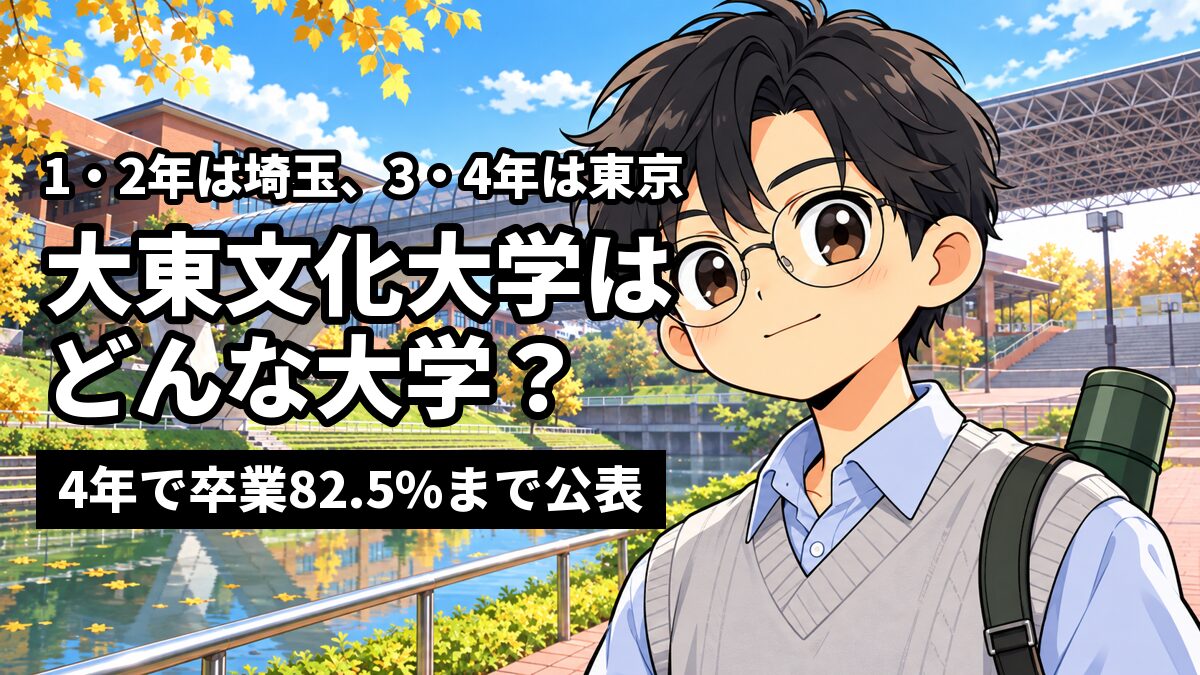 池の上を斜めに渡る屋根つきの長い橋とれんが色の校舎を背に、センター分けの黒髪に丸めがね、明るいグレーのニットベストの男子大学生が、書道の筒を肩にかけて口を結び、少し笑って前を見ている。「1・2年は埼玉、3・4年は東京」「大東文化大学はどんな大学?」「4年で卒業82.5%まで公表」の文字。