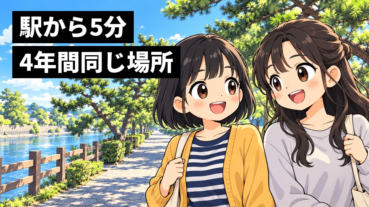 川沿いの松並木の遊歩道を、黒髪ボブの女子大学生と友だちが話しながら歩き、ほっとした笑顔を見せている挿絵。文字「駅から5分4年間同じ場所」