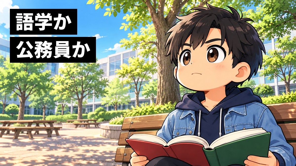 大学の中庭のベンチで、英語とドイツ語の本を2冊広げた男子大学生が、口を結んで前を見つめ進路を考えている挿絵。文字「語学か公務員か」