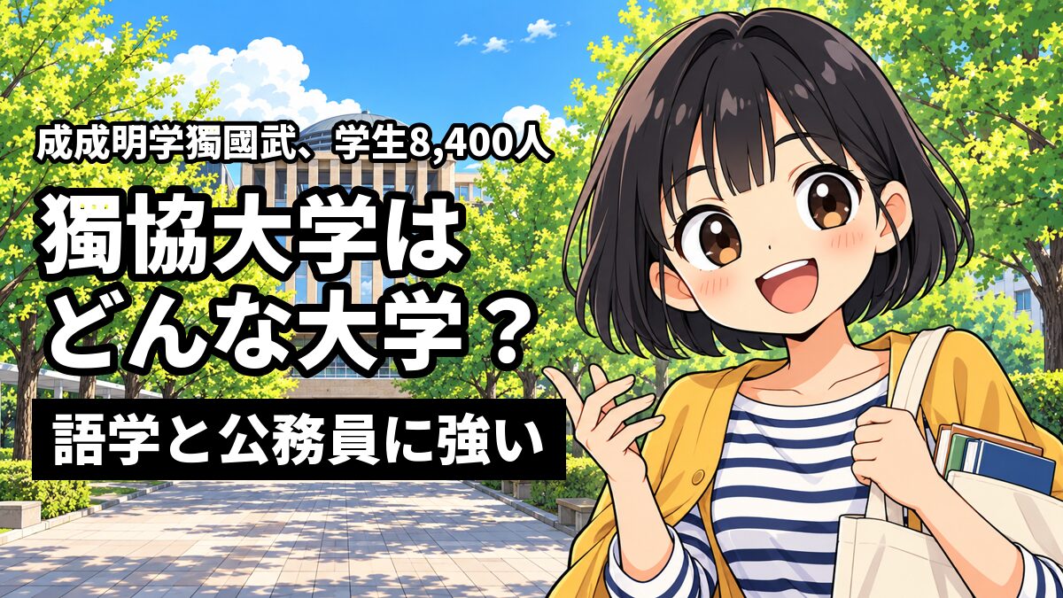 丸いドームの建物へ続く緑のイチョウ並木で、黒髪ボブにボーダーシャツの女子大学生が、語学の本をのぞかせたトートバッグを持ち、外国語で話しかけるように得意げに笑っている。「成成明学獨國武、学生8,400人」「獨協大学は どんな大学?」「語学と公務員に強い」の文字。