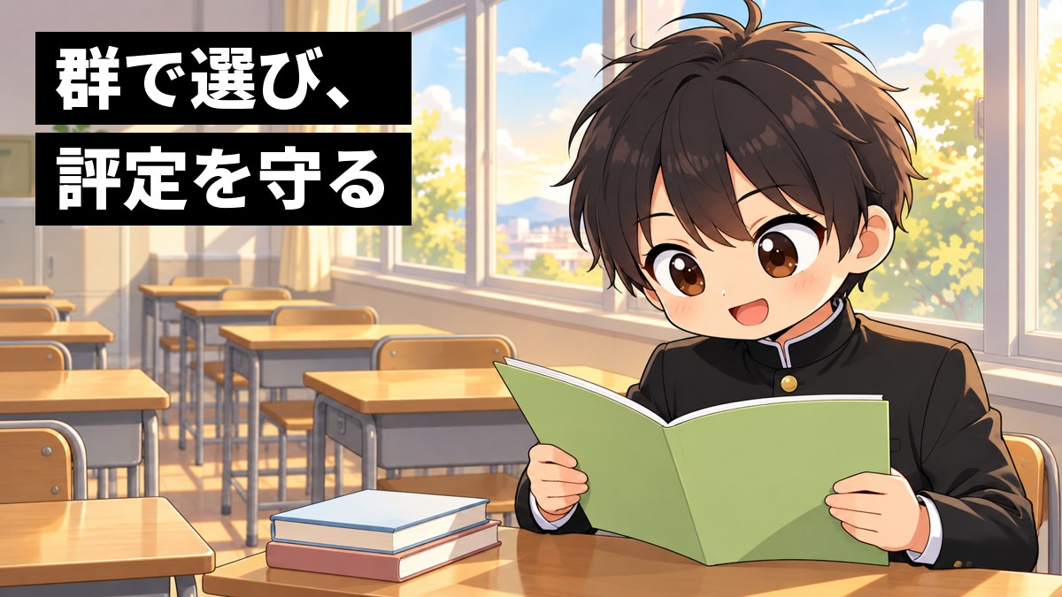 放課後の安房高校の教室の窓ぎわで、学ラン姿の男子が大学案内のパンフレットを両手で広げ、目を輝かせてワクワクしながら読んでいる挿絵。文字「群で選び、評定を守る」