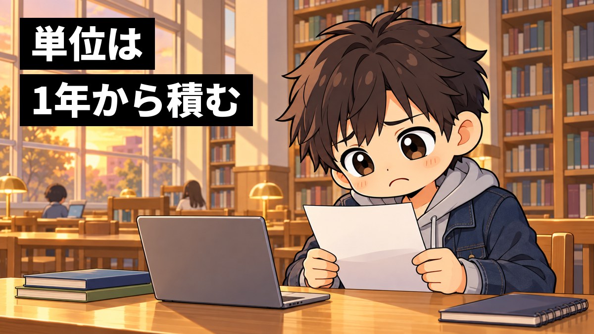 夕方の大学の図書館の窓ぎわの席で、男子大学生が成績の紙を手にしたまま肩を落とし、しょんぼりとうつむいている挿絵。文字「単位は1年から積む」