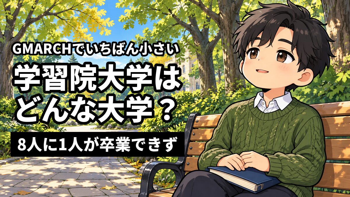 大きな木々の緑に囲まれた静かな大学のキャンパスで、ベンチに座った男子大学生が膝の上の本を閉じ、木漏れ日を見上げてほっと息をついている。「GMARCHでいちばん小さい」「学習院大学はどんな大学?」「8人に1人が卒業できず」の文字。