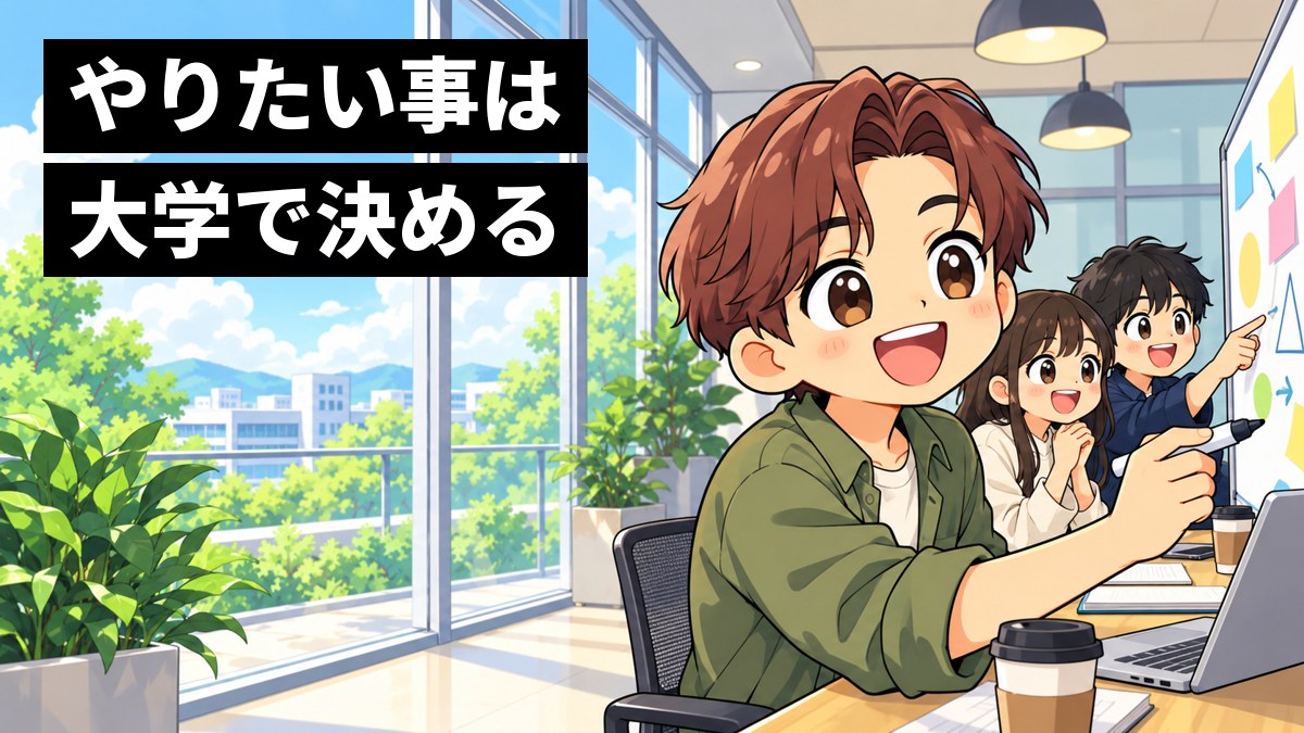 大学の小さな会議室で、茶髪の男子大学生が仲間とホワイトボードを囲み、身を乗り出してアイデアに夢中になっている挿絵。文字「やりたい事は大学で決める」
