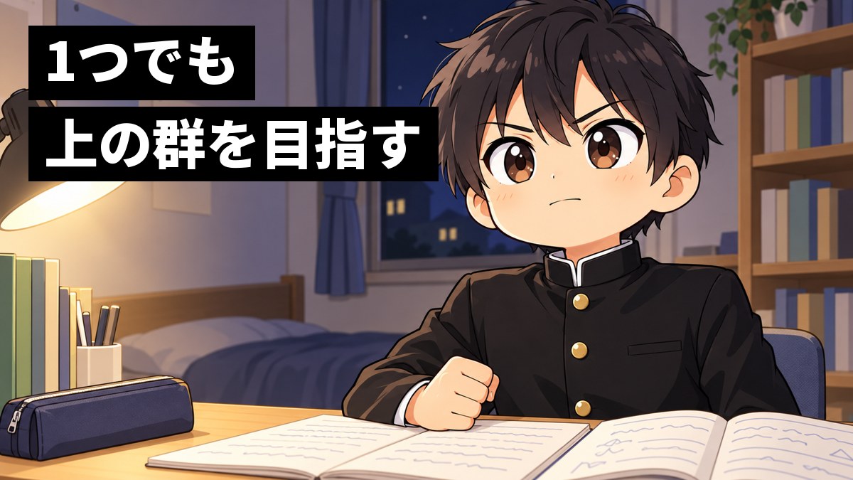 夜の自分の部屋の机で、学ラン姿の安房高校の男子が単語帳と問題集を広げ、顔を上げて口を結び、決意の表情をしている挿絵。文字「1つでも上の群を目指す」