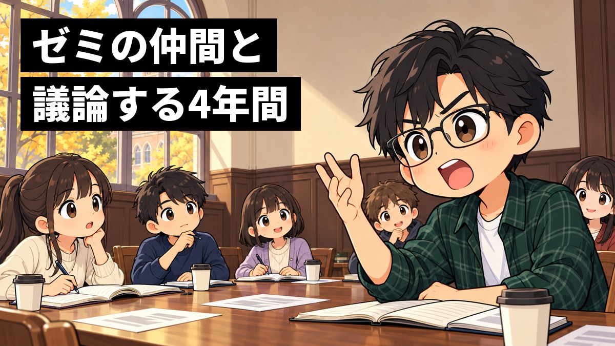 アーチ形の高い窓と木の壁の古い教室で、長い机を6人ほどで囲む少人数のゼミ。めがねの男子大学生が手を挙げ、身を乗り出して夢中で意見を言おうとしている挿絵。文字「ゼミの仲間と議論する4年間」