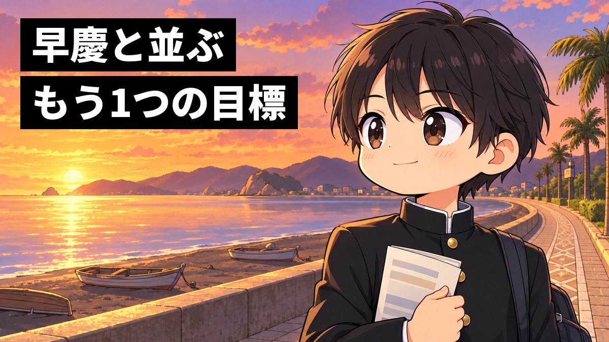 夕方の館山の海沿いの遊歩道で、学ラン姿の安房高校の男子が二つ折りの紙を握り、海の向こうを見て口を結んで小さく笑っている挿絵。文字「早慶と並ぶもう1つの目標」