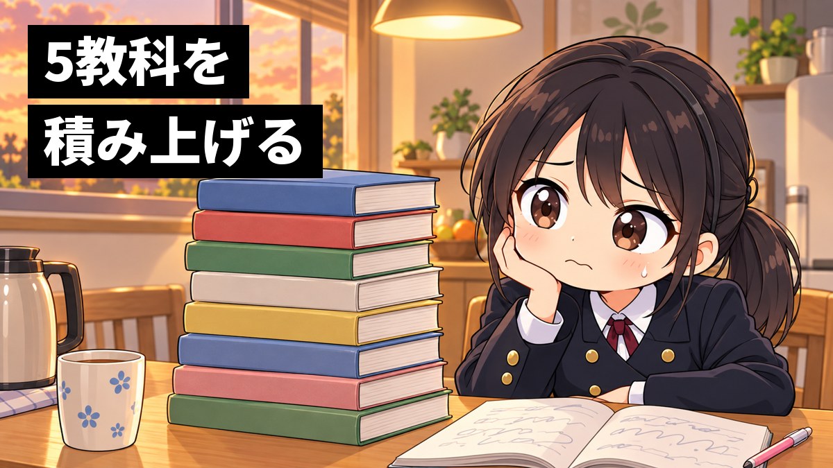 夕方の家の台所のテーブルで、安房高校の制服の女子が、高く積んだ教科書と問題集の山を前に、眉を下げて途方にくれた顔で頬づえをついている挿絵。文字「5教科を積み上げる」