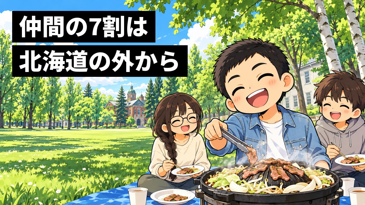 春の大学の芝生の広場で、坊主に近い短い黒髪にデニムジャケットの男子大学生がトングを持ち、仲間とバーベキューの鉄板を囲んで大笑いしている挿絵。文字「仲間の7割は北海道の外から」