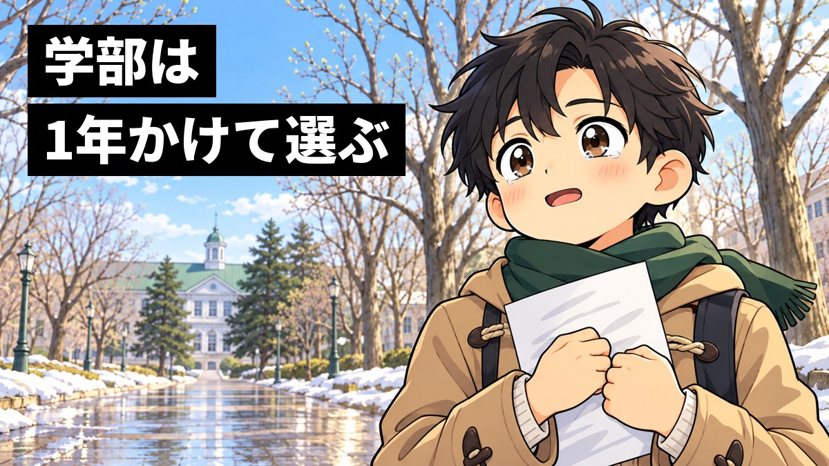 雪がとけ始めた春先の大学の並木道で、くせのある黒髪にベージュのダッフルコートの男子大学生が1枚の紙を胸に当て、目をうるませてほっと息をついている挿絵。文字「学部は1年かけて選ぶ」