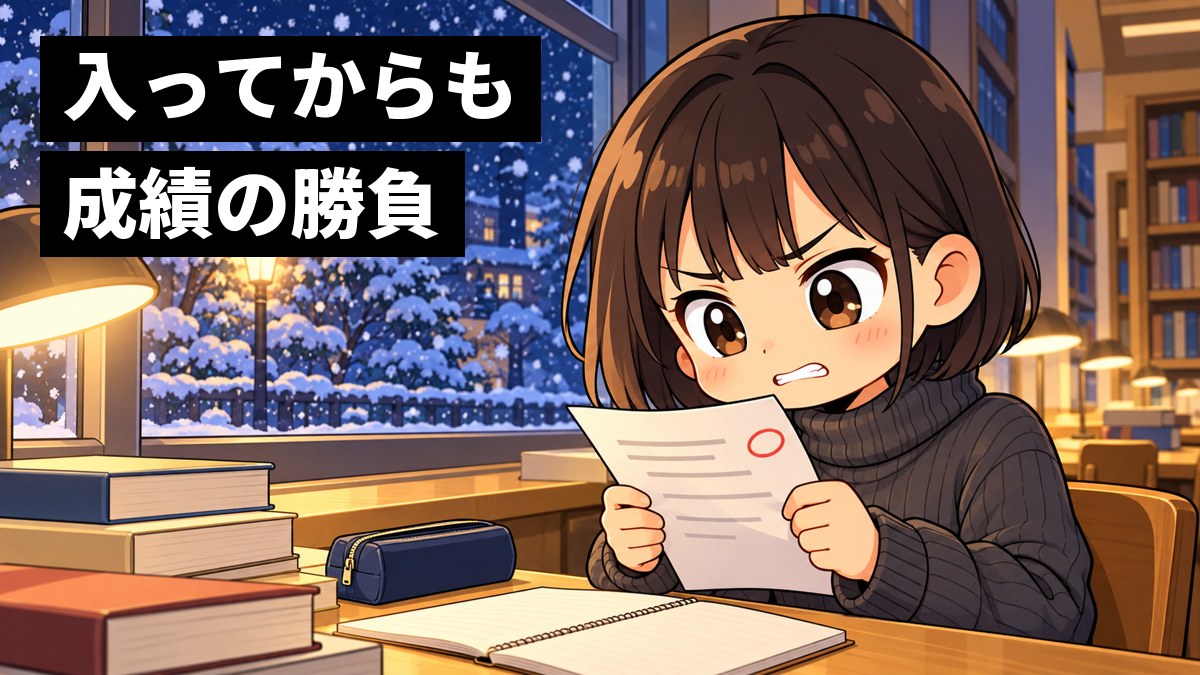雪の降る夜の大学図書館の窓際の席で、ショートボブの女子大学生が返ってきた答案を両手で持ち、悔しそうに歯を食いしばっている挿絵。文字「入ってからも成績の勝負」
